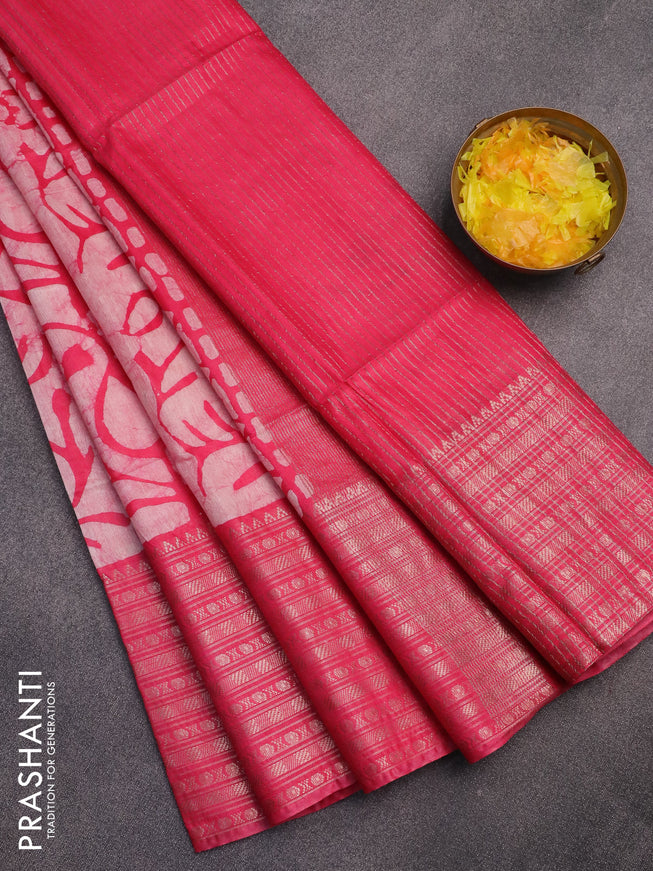 Semi tussar saree off white and pink with allover batik prints and long zari woven border