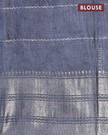 Semi tussar saree grey with allover batik prints and long silver zari woven border