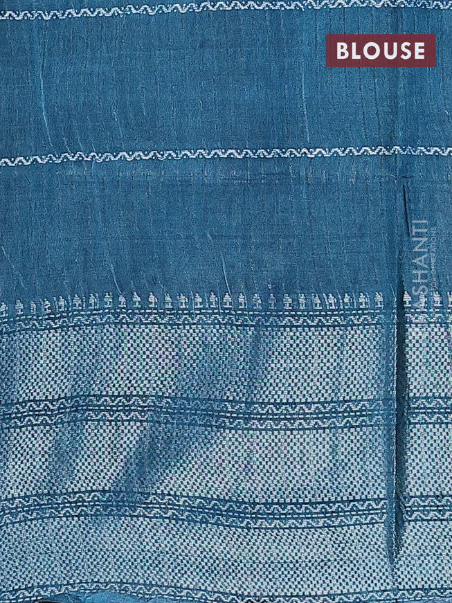 Semi tussar saree peacock blue with allover batik prints and long silver zari woven border