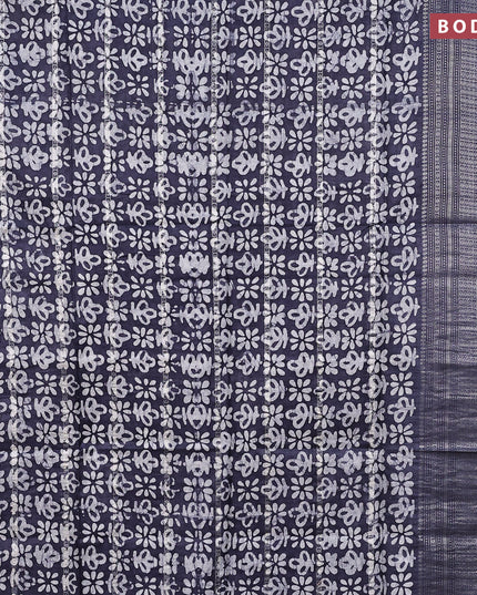 Semi tussar saree dark grey with allover batik prints and long silver zari woven border