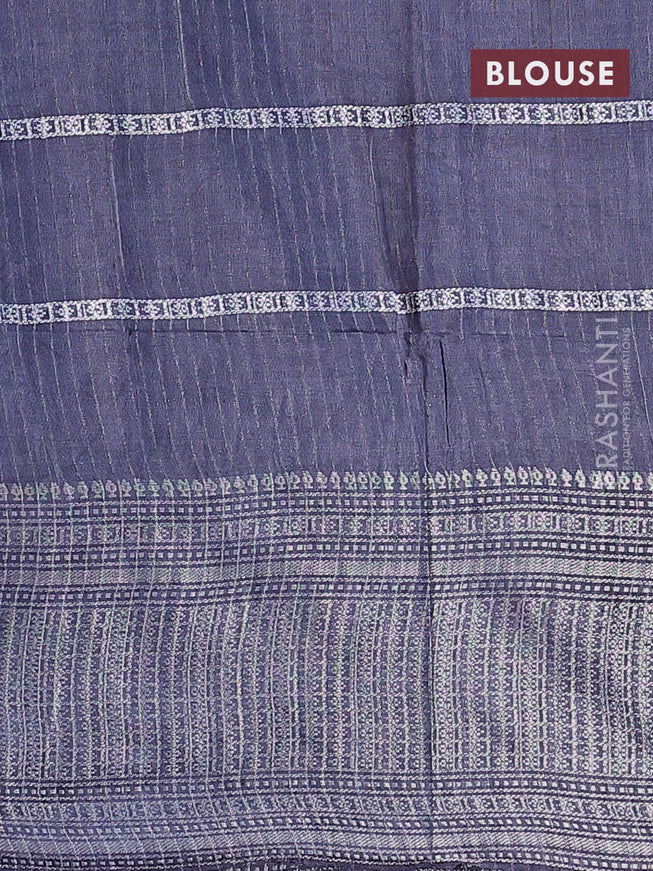 Semi tussar saree dark grey with allover batik prints and long silver zari woven border