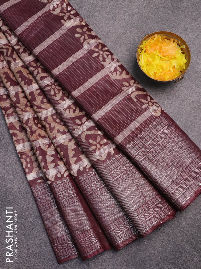 Semi tussar saree coffee brown and beige with allover batik prints and long silver zari woven border