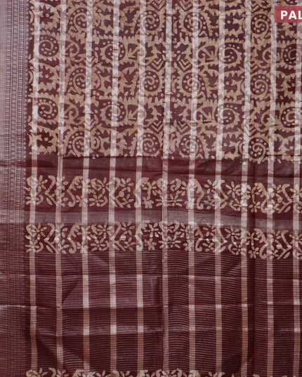 Semi tussar saree coffee brown and beige with allover batik prints and long silver zari woven border