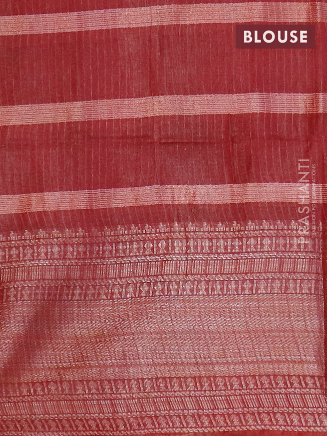 Semi tussar saree dark maroon and beige with allover batik prints and long silver zari woven border
