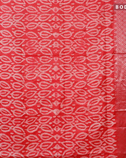 Semi tussar saree pink with allover batik prints and long silver zari woven border