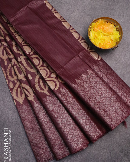 Semi tussar saree coffee beown and beige with allover batik prints and long silver zari woven border