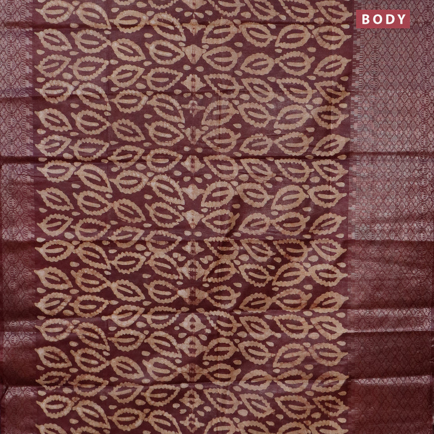 Semi tussar saree coffee beown and beige with allover batik prints and long silver zari woven border