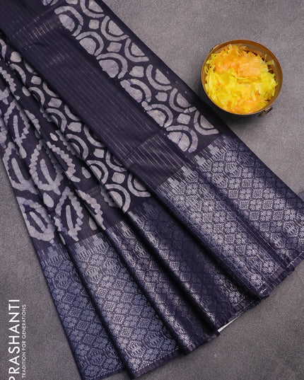 Semi tussar saree dark navy blue and off white with allover batik prints and long silver zari woven border