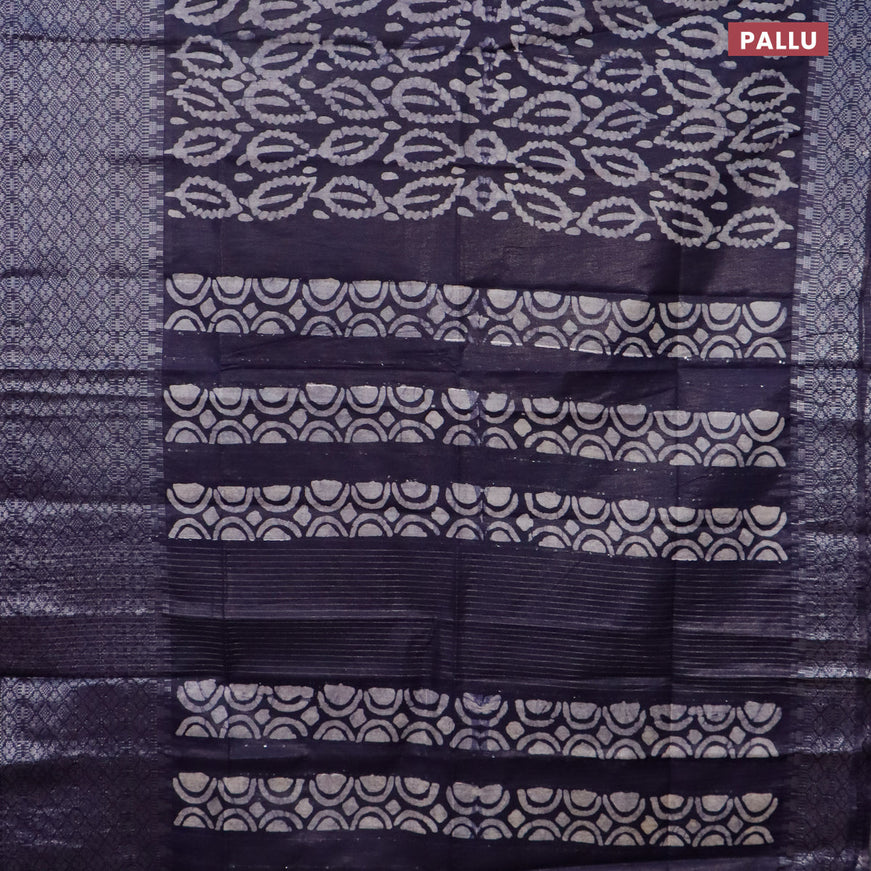 Semi tussar saree dark navy blue and off white with allover batik prints and long silver zari woven border