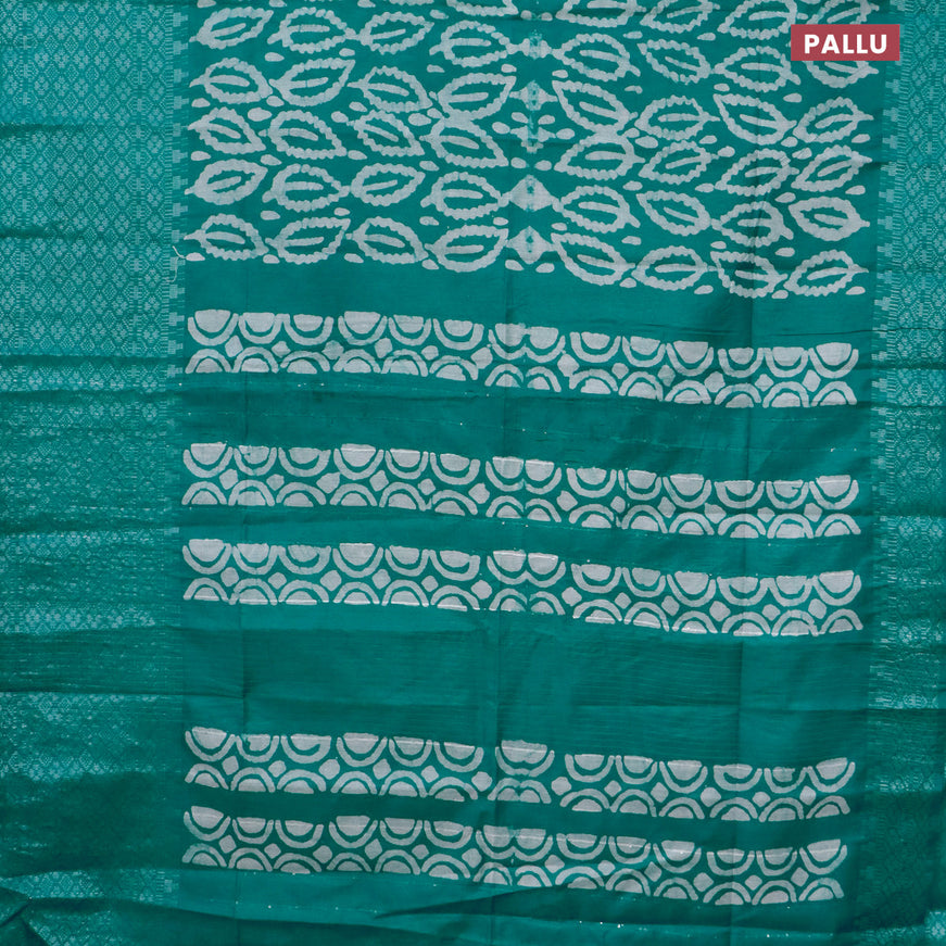 Semi tussar saree teal green and off white with allover batik prints and long silver zari woven border