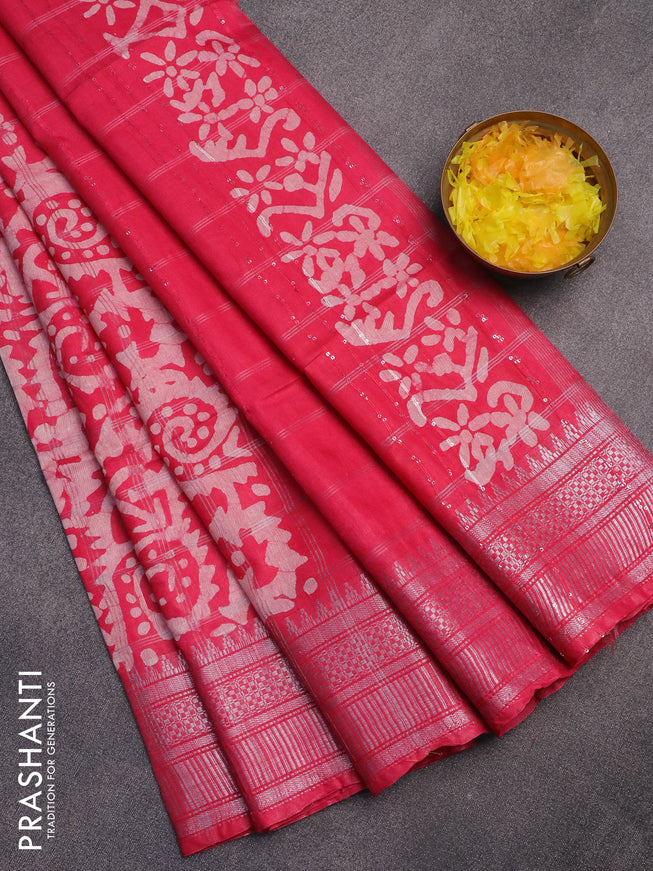 Semi tussar saree pink with allover batik prints and temple design silver zari woven border
