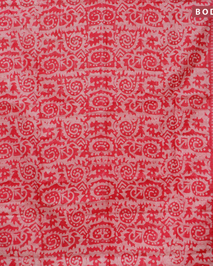 Semi tussar saree pink with allover batik prints and temple design silver zari woven border