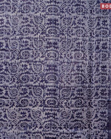 Semi tussar saree navy blue and off white with allover batik prints and temple design silver zari woven border