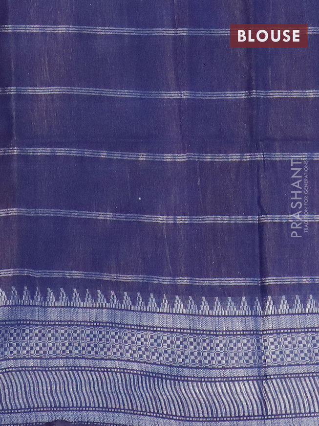 Semi tussar saree navy blue and off white with allover batik prints and temple design silver zari woven border