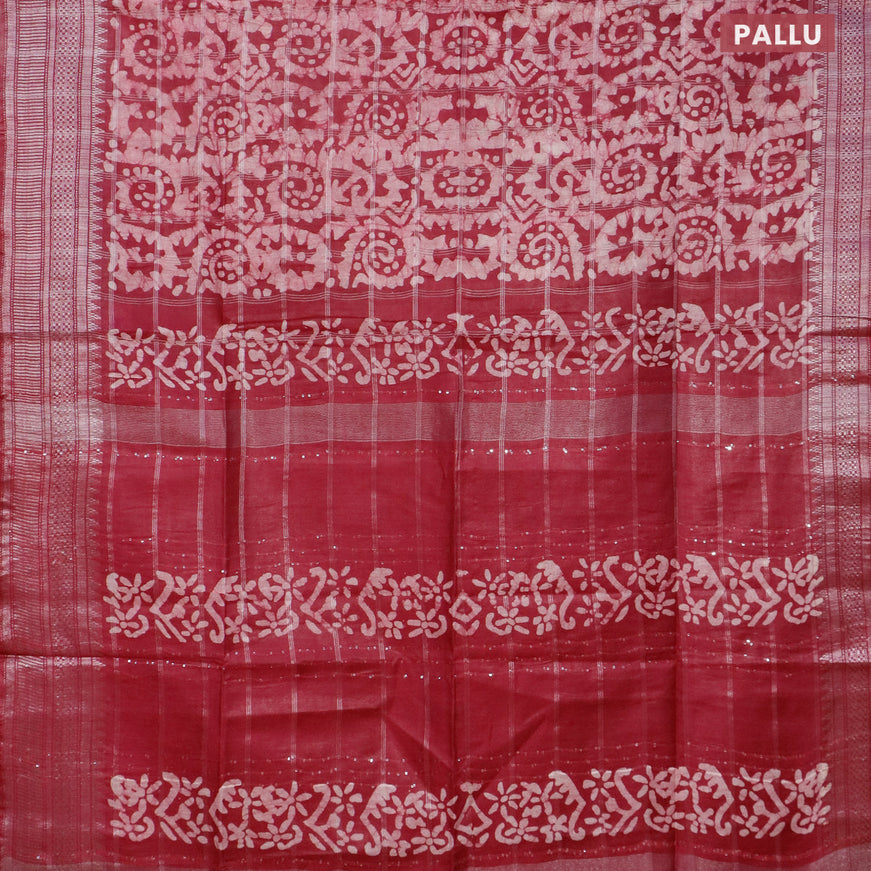 Semi tussar saree dark magenta pink with allover batik prints and temple design silver zari woven border