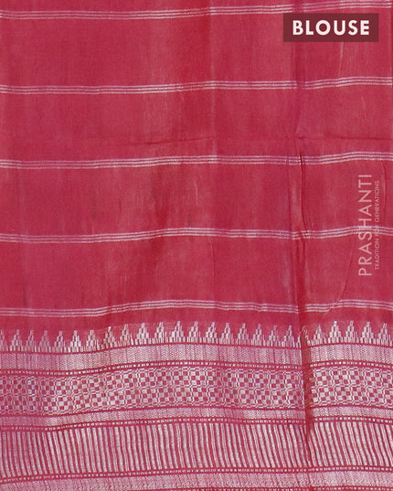 Semi tussar saree dark magenta pink with allover batik prints and temple design silver zari woven border