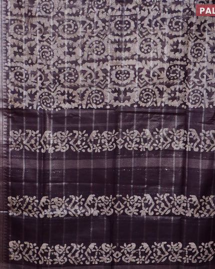 Semi tussar saree deep jamun shade and beige with allover batik prints and temple design silver zari woven border