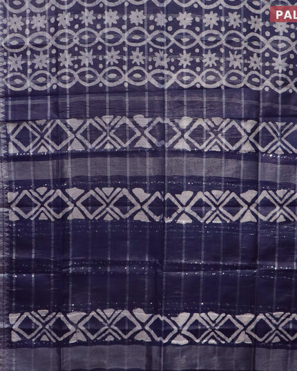 Semi tussar saree navy blue and off white with allover batik prints and long temple design silver zari woven border