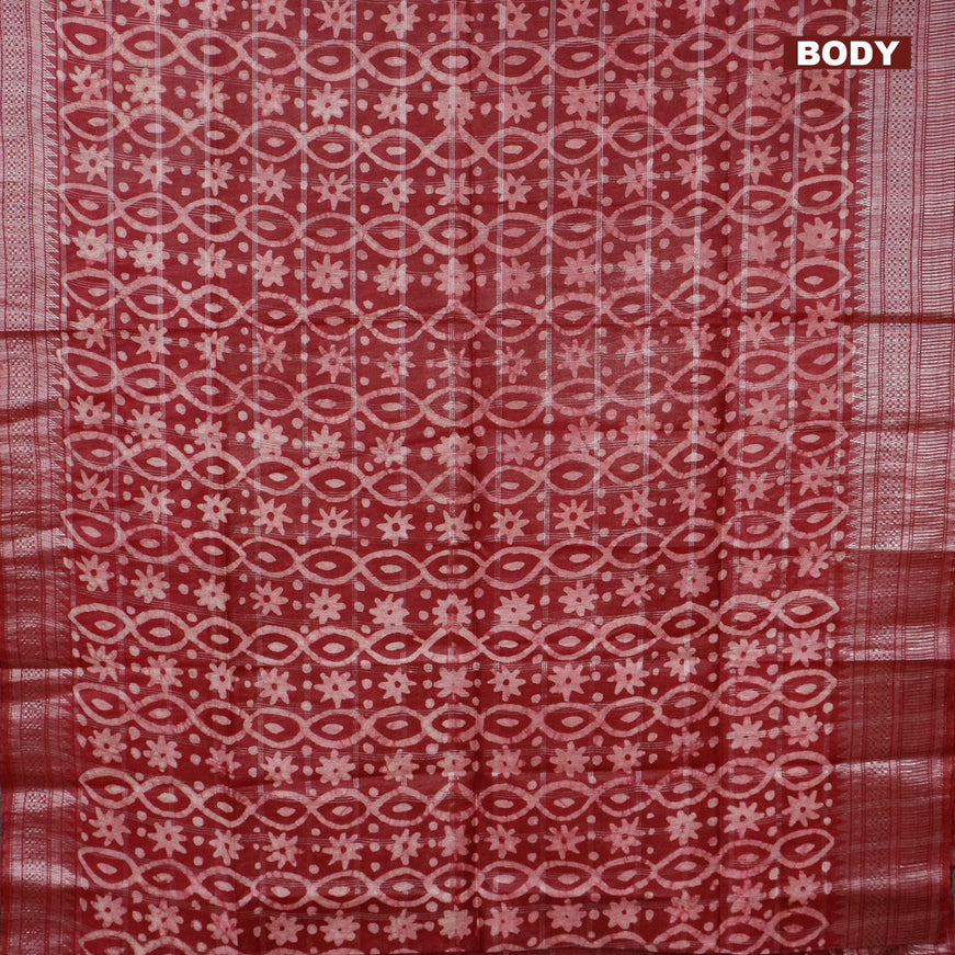 Semi tussar saree dark maroon with allover batik prints and long temple design silver zari woven border
