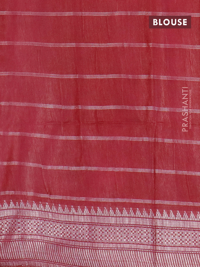 Semi tussar saree dark maroon with allover batik prints and long temple design silver zari woven border
