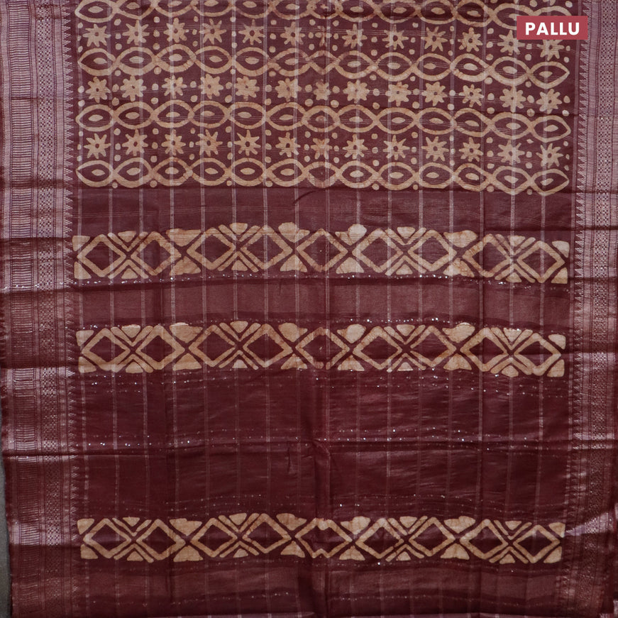 Semi tussar saree coffee brown and beige with allover batik prints and long temple design silver zari woven border