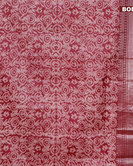 Semi tussar saree dark magenta pink and beige with allover batik prints and long silver zari woven border