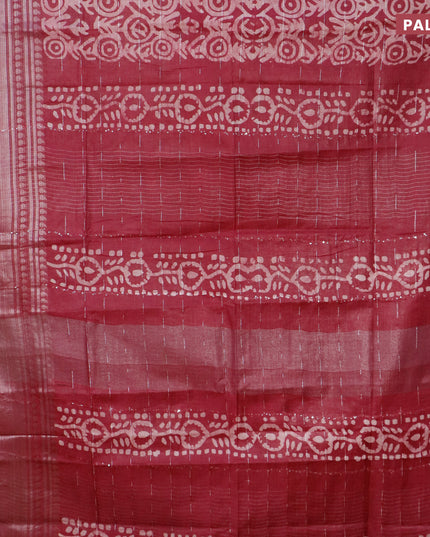 Semi tussar saree dark magenta pink and beige with allover batik prints and long silver zari woven border