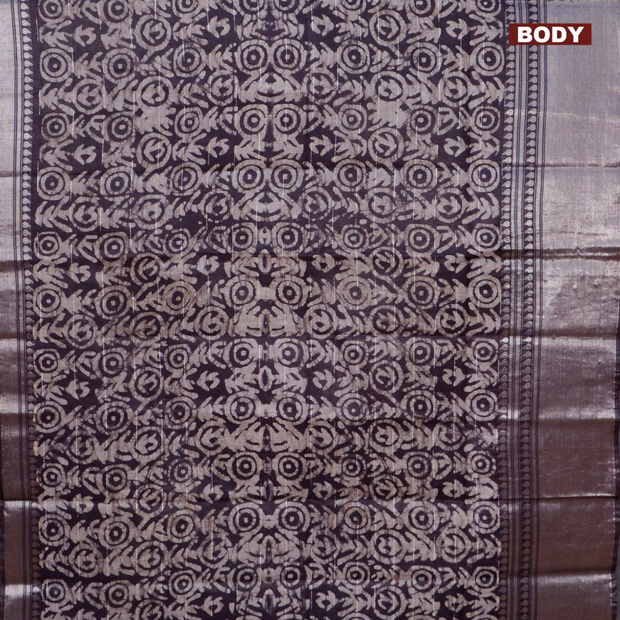 Semi tussar saree deep jamun shade and beige with allover batik prints and long silver zari woven border