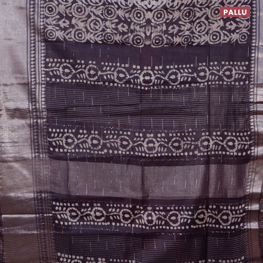 Semi tussar saree deep jamun shade and beige with allover batik prints and long silver zari woven border