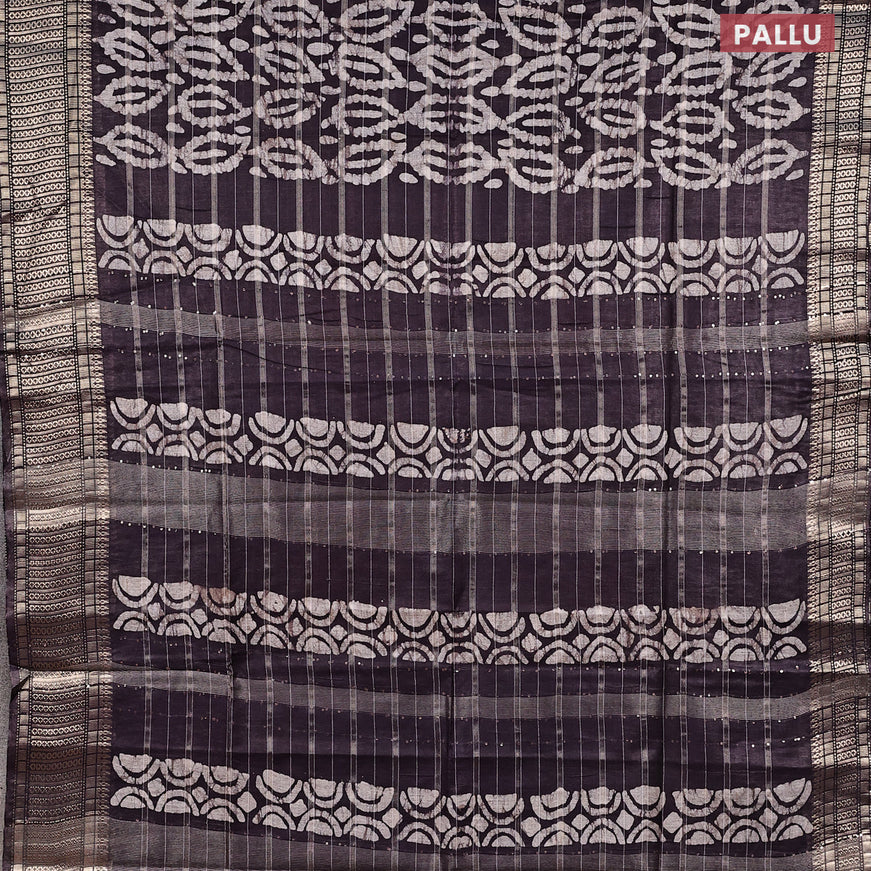 Semi tussar saree deep jamun shade and beige with allover batik prints and zari woven border