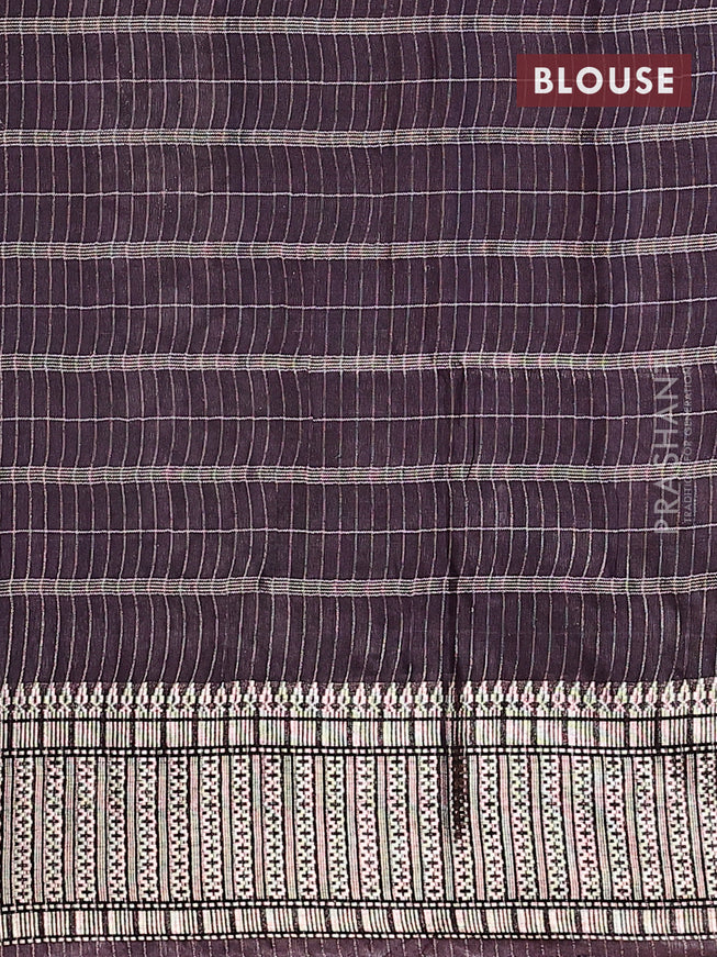 Semi tussar saree deep jamun shade and beige with allover batik prints and zari woven border