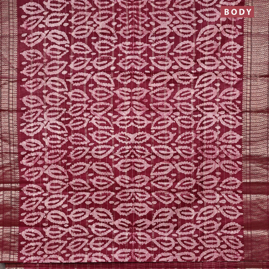 Semi tussar saree maroon with allover batik prints and zari woven border