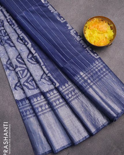 Semi tussar saree beige and navy blue with allover batik prints and long zari woven border