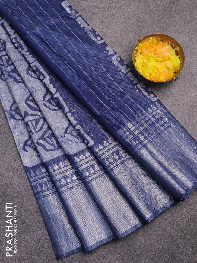 Semi tussar saree beige and navy blue with allover batik prints and long zari woven border