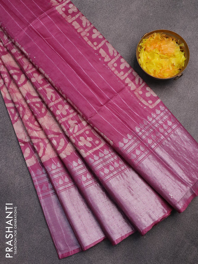 Semi tussar saree off white and mauve pink with allover batik prints and long zari woven border
