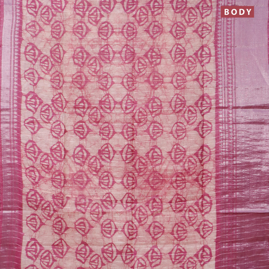 Semi tussar saree off white and mauve pink with allover batik prints and long zari woven border