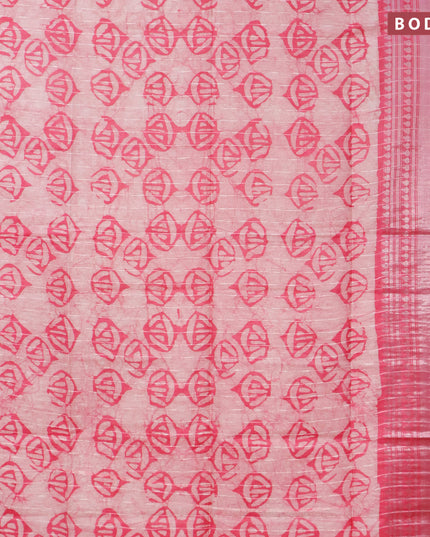 Semi tussar saree off white and pink with allover batik prints and long zari woven border