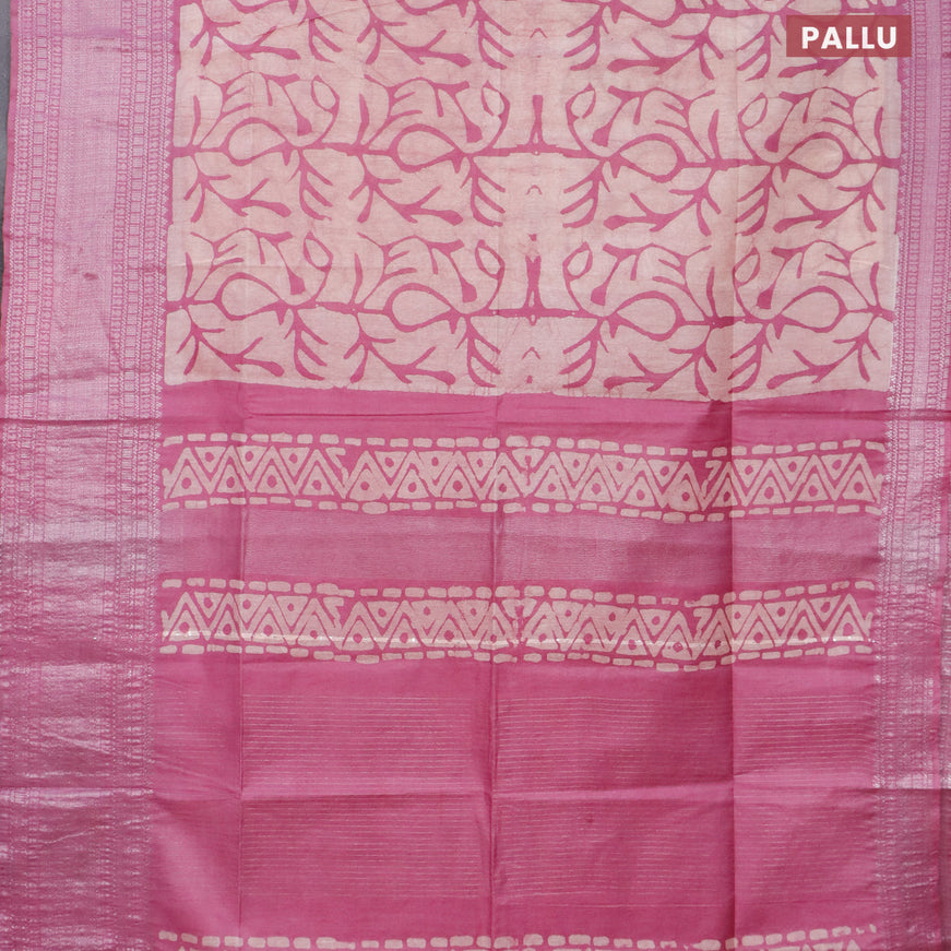 Semi tussar saree off white and mauve pink with allover batik prints and long silver zari woven border