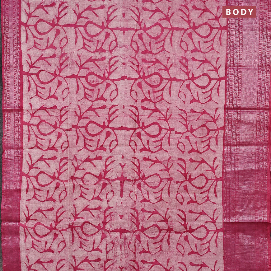 Semi tussar saree off white and pink with allover batik prints and long silver zari woven border