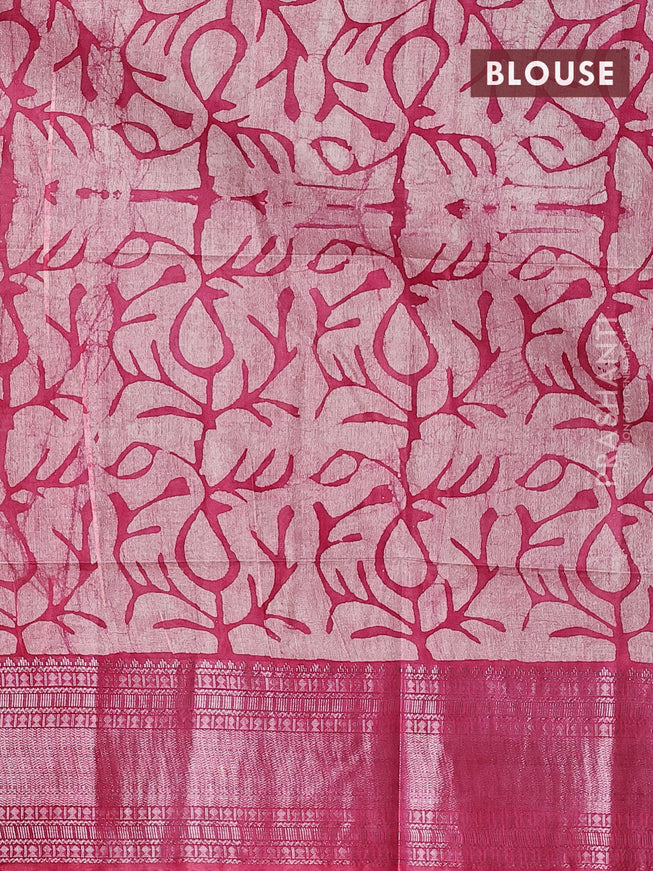 Semi tussar saree off white and pink with allover batik prints and long silver zari woven border