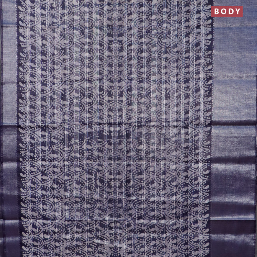 Semi tussar saree navy blue with allover batik prints & zari stripe weaves and long silver zari woven border