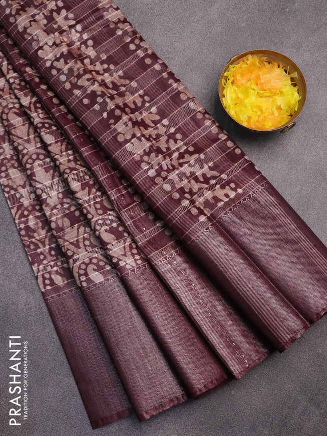 Semi tussar saree coffee brown with allover batik prints & zari stripe weaves and long silver zari woven border