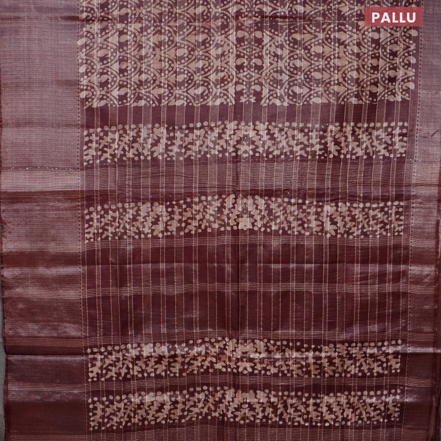 Semi tussar saree coffee brown with allover batik prints & zari stripe weaves and long silver zari woven border