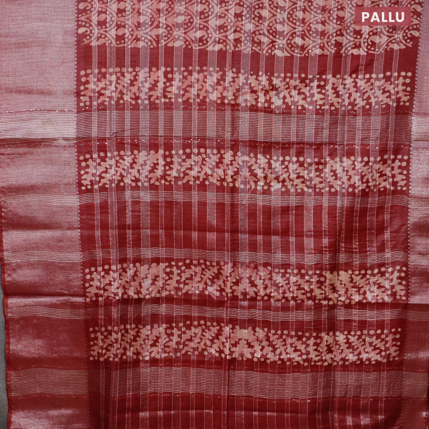 Semi tussar saree maroon with allover batik prints & zari stripe weaves and long silver zari woven border