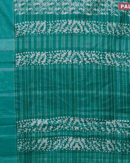 Semi tussar saree teal green with allover batik prints & zari stripe weaves and long silver zari woven border