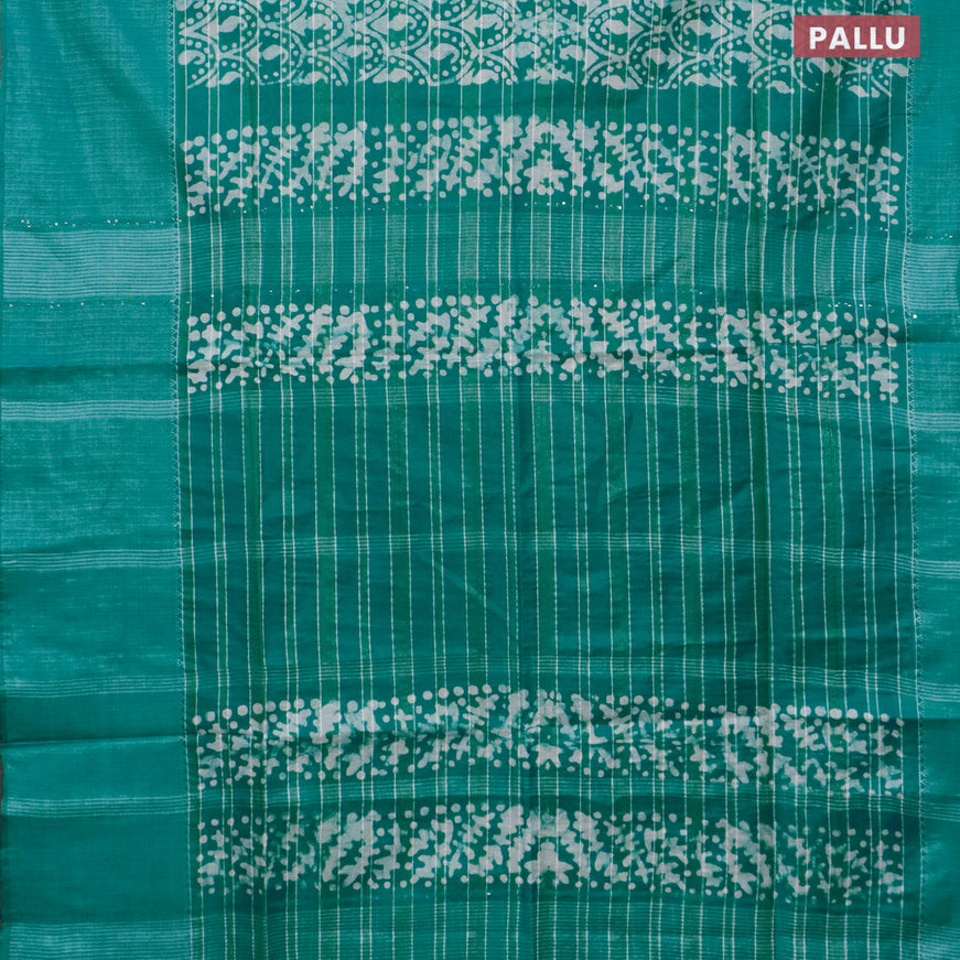 Semi tussar saree teal green with allover batik prints & zari stripe weaves and long silver zari woven border
