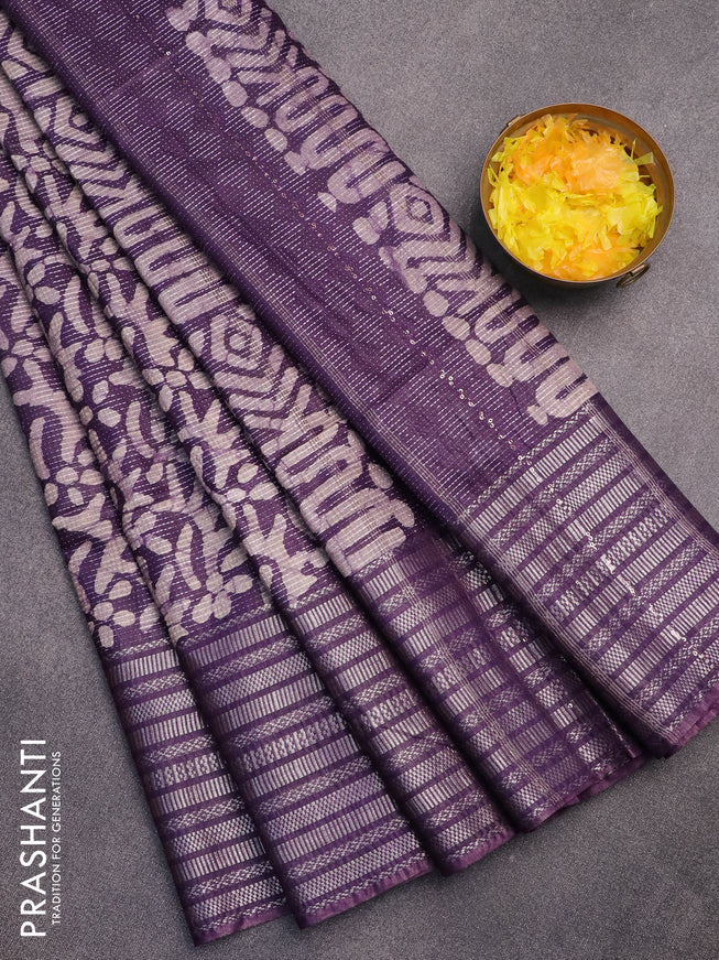 Semi tussar saree violet with allover batik prints & thread weaves and long silver zari woven border
