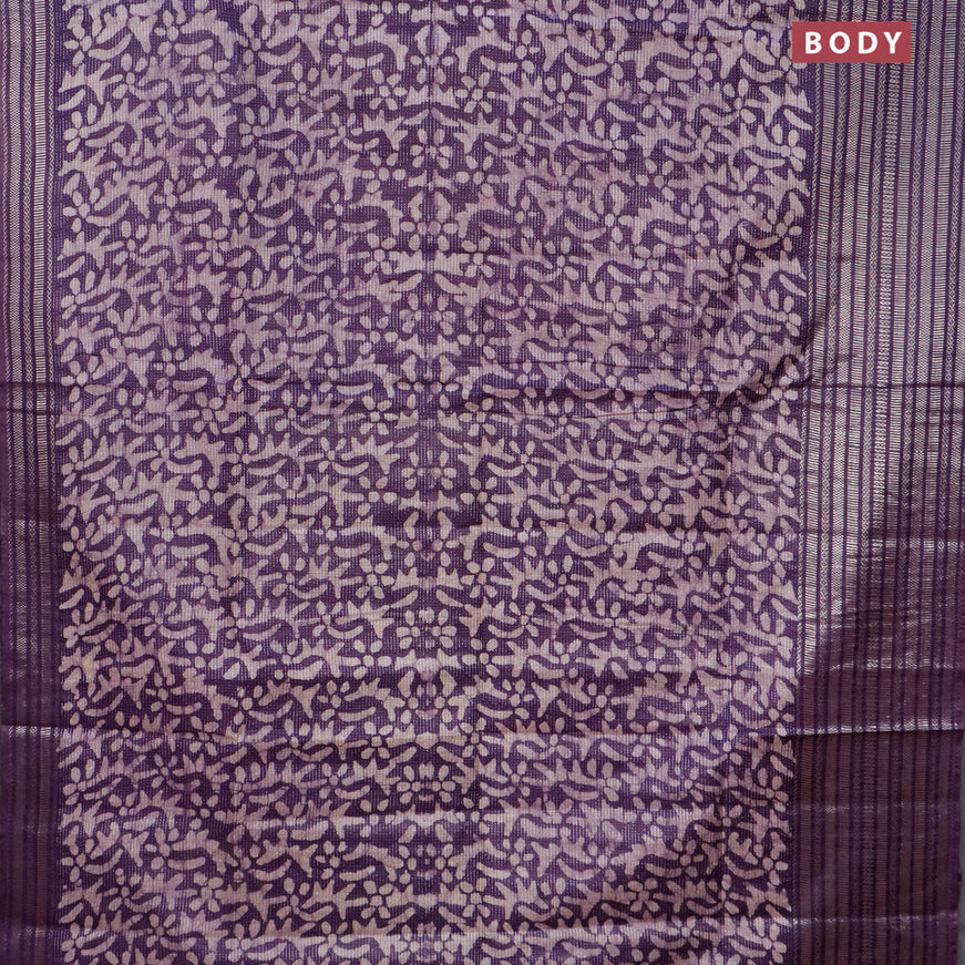 Semi tussar saree violet with allover batik prints & thread weaves and long silver zari woven border