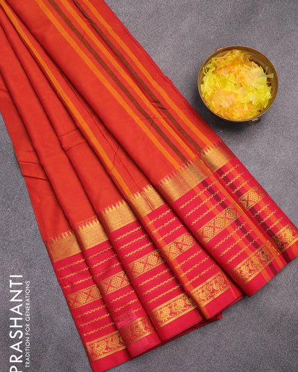 Narayanpet cotton saree rustic orange and pink with plain body and long zari woven border
