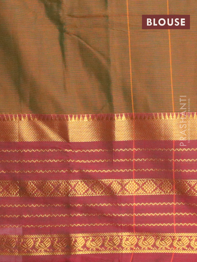 Narayanpet cotton saree dual shade of green and maroon shade with plain body and long zari woven border